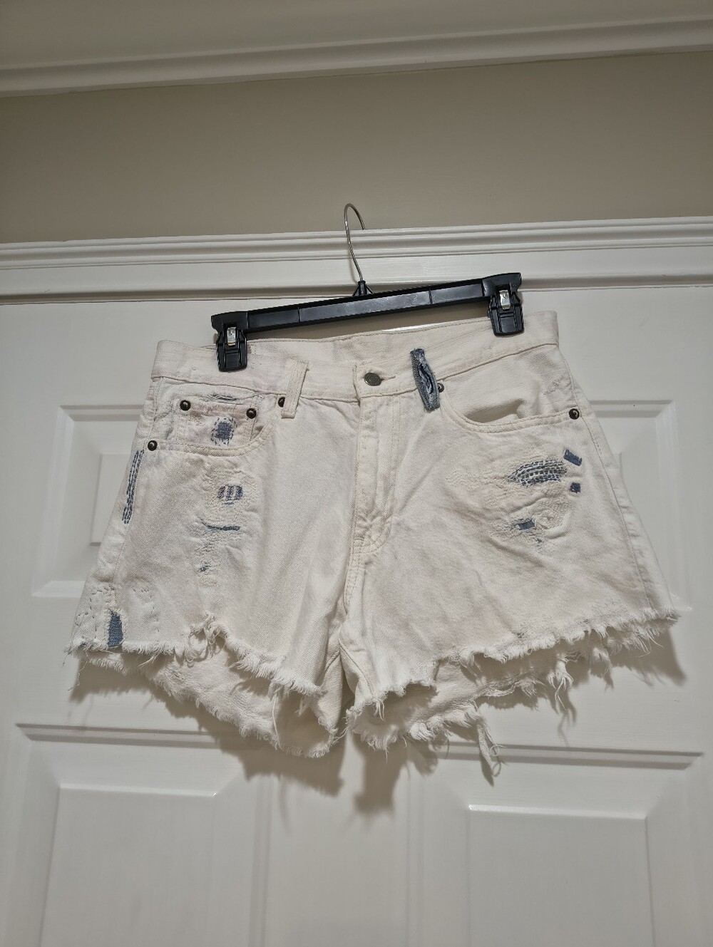 Polo Ralph Lauren White & Blue Distressed Cutoff Dugerees Shorts Size 27